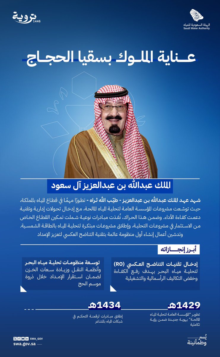 جهود الملك عبدالله -رحمه الله- في سقاية الحجاج وإيصال المياه إلى مكة المكرمة والمشاعر المقدسة.

#تروية46
