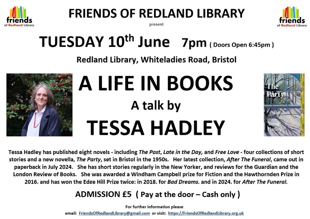 FORedlandLib's tweet image. 📣 TOMORROW

📚 Tuesday 10th June      
      7pm ( Doors open 6:45pm )
📚  A Life in Books
📚  A talk by Tessa Hadley
📚  #RedlandLibrary #Bristol
📚  £5 (Pay at the door - Cash only)

#TessaHadley