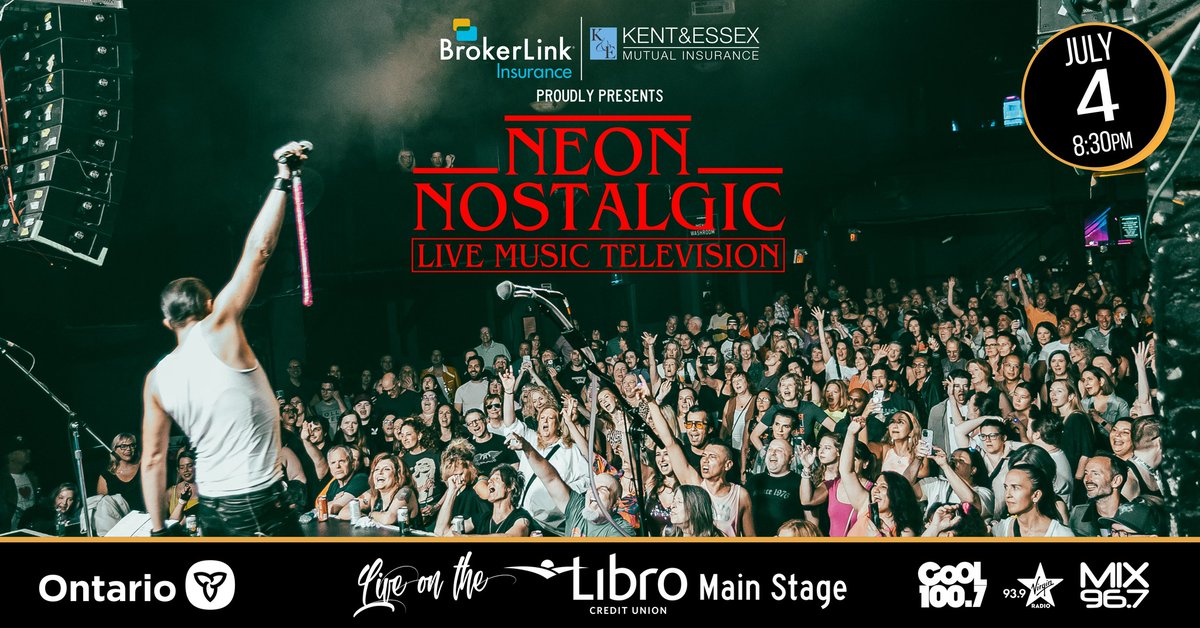 Power up your nostalgia this Fri, July 4 at #EssexFunFest with NEON NOSTALGIC—Canada’s ultimate live-band video dance party! 

On the Libro CU Main Stage, presented by Brokerlink &amp; Kent &amp; Essex Mutual. $7 gate admission. Sponsored by Windsor Power &amp; Light. 

#YQG #WhereYouBelong