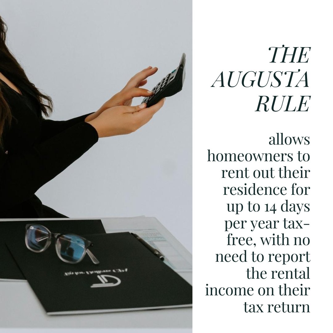 TayDollensCPA's tweet photo. Have you heard of the Augusta Rule? It’s a powerful (and legal!) tax strategy that lets you rent out your home for up to 14 days per year—tax-free.
#CPA #CertifiedPublicAccountant #accountant #accountingsolutions #taxpreparation #taxes #smallbusiness https://t.co/mFwKrOpcMz