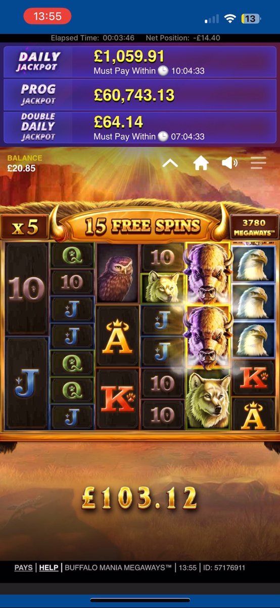 a_brownff4's tweet photo. @Betfred with 15 free spins left on your site, at x5 multiplier, 80p spins, currently at £103.12, how much do you think my total win was?… https://t.co/ie8g63vtZv