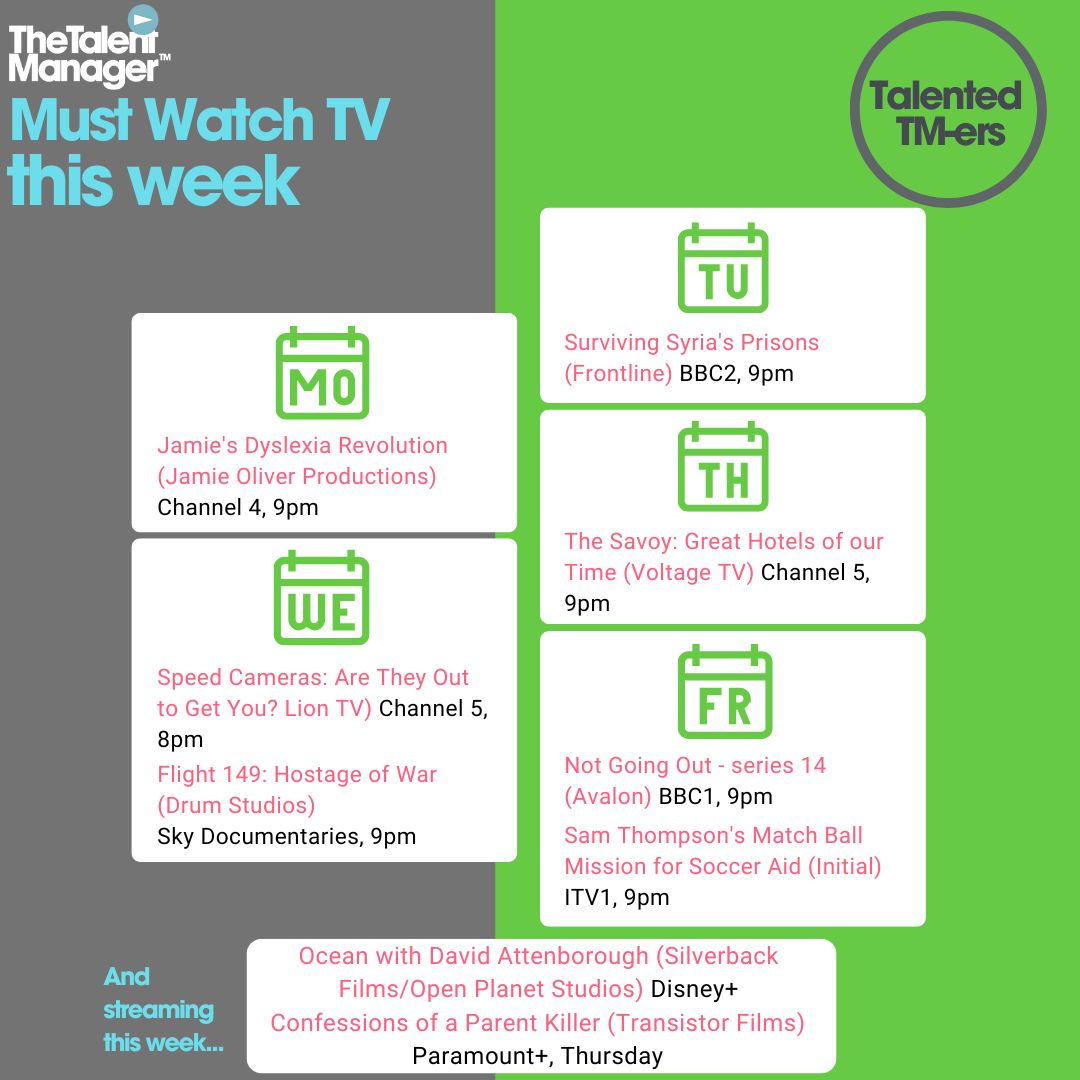 tvtalentmanager's tweet photo. MUST WATCH TV THIS WEEK -give yourself a shout out! Tag your colleagues &amp; yourselves if you see your show &amp; tell us what it was like to work on your programme on the TM Hub via the link: https://t.co/lCrss0BCMv 

@BBCTwo @BBCOne @ITV @Channel4 @channel5_tv @DisneyPlus https://t.co/pRwuqMI729
