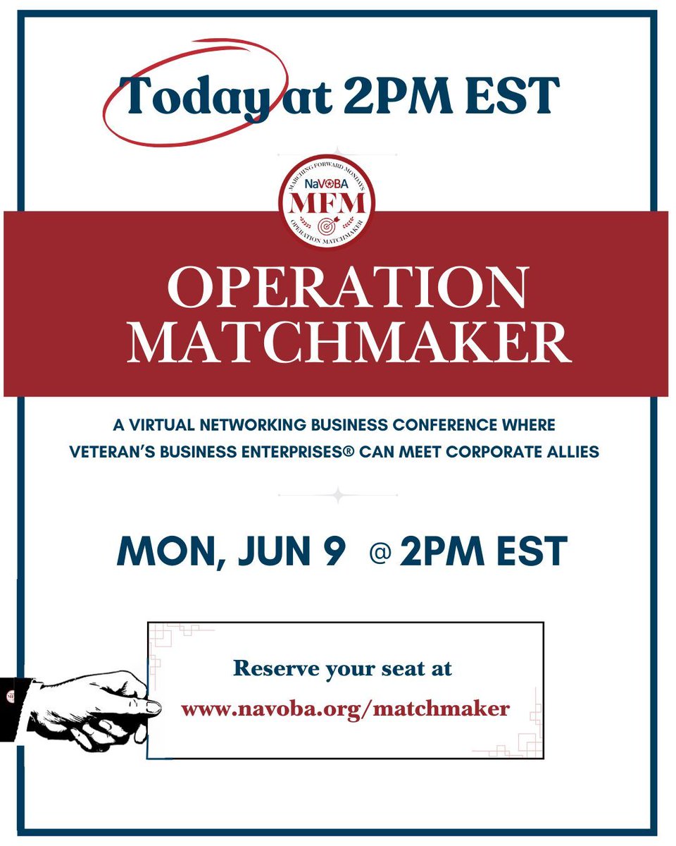 Today’s the day! Operation Matchmaker kicks off at 2 PM ET—bringing Veteran’s Business Enterprises® together with Corporate Allies for curated 1:1 meetings that can lead to real contracts. There’s still time to join us.

🕑 RSVP now: navoba.org/matchmaker