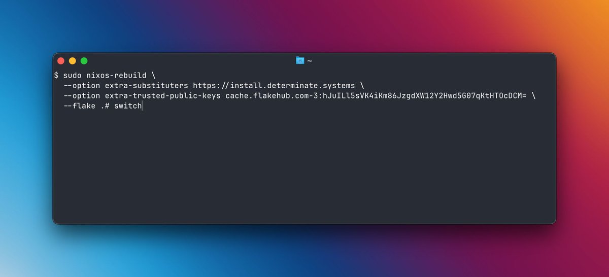 ❄️ NixOS users: time to switch to Determinate Nix. 🚀

Now available in our public binary cache. You never have to build it yourself.

This, and MUCH more in our Determinate Nix 3.6.2 release notes: determinate.systems/posts/changelo…