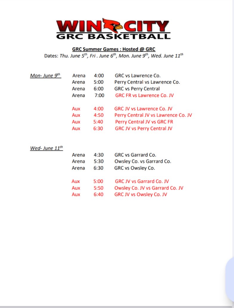 Here is the schedule for this week's summer games hosted at GRC. Come out and support your Cards tonight (6-9-25) as they host Lawrence Co. and Perry Central.

Please use the GRC Upper Arena Entrance located next to the Aux.

#GoCards #WinCity