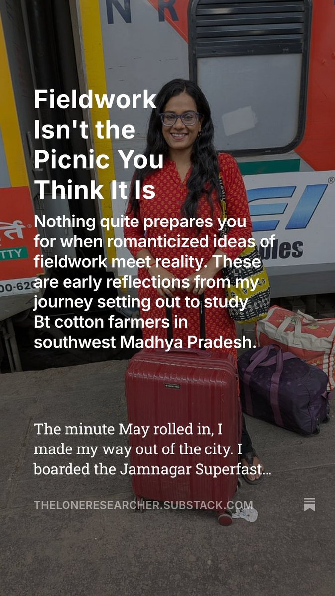 Setting out on fieldwork solo is an entirely new ball game, I’ve realized. Check out my initial thoughts as I make my way to southwest Madhya Pradesh’s Barwani to work with Bt cotton farmers. 
open.substack.com/pub/theloneres…