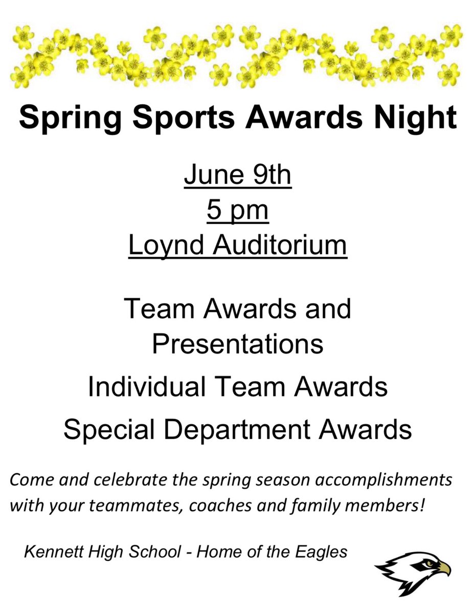 The <a href="/KennettAthletic/">Kennett Athletics</a> spring sports and end of year awards are tonight at 5 pm in the Loynd auditorium. We hope to see you all there!