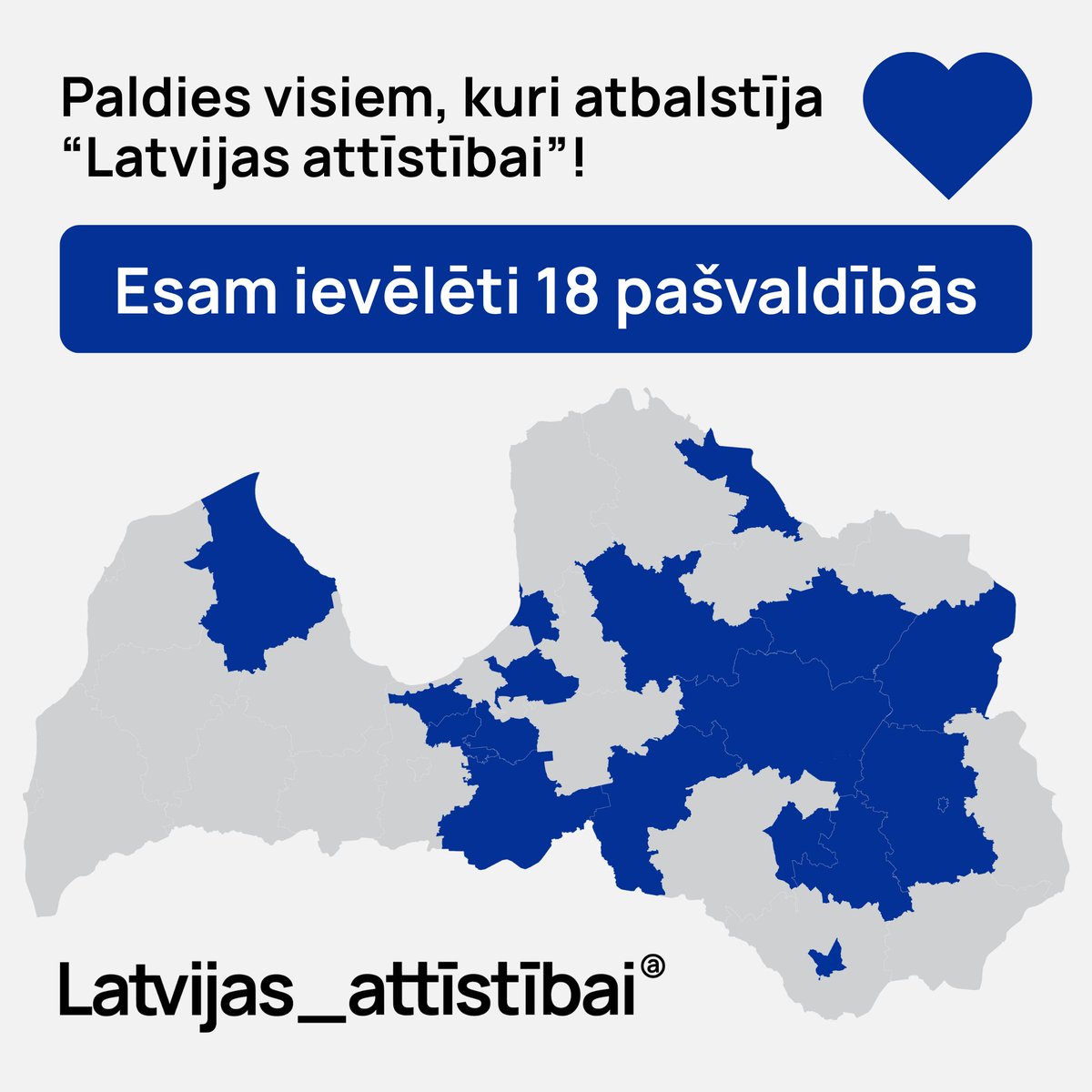 💙 Sirsnīgs paldies visiem, kuri atbalstīja “Latvijas attīstībai” pašvaldību vēlēšanās! Mūsu partija, startējot gan vienai, gan kopīgos sarakstos ar sadarbības partneriem, ir ievēlējusies 18 pašvaldībās – Daugavpils un Rēzeknes valstspilsētās, kā arī Aizkraukles, Balvu, Bauskas,