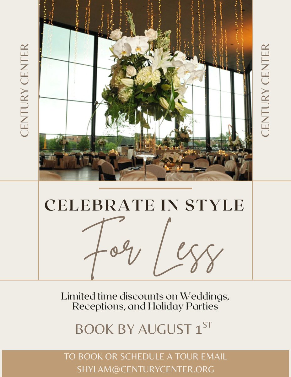 Century Center (@centurycenter) on Twitter photo Celebrate in style for less!
Now through August 1st, there are limited-time discounts on weddings, receptions, and holiday parties.
To book or schedule a tour, email shylam@centurycenter.org Celebrate in style for less!
Now through August 1st, there are limited-time discounts on weddings, receptions, and holiday parties.
To book or schedule a tour, email shylam@centurycenter.org