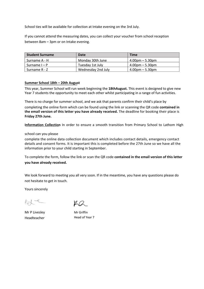 You will have received an email from us containing information and an information data pack. Please use the links and QR codes in this letter to complete the data pack, if you have not submitted this information already as it is essential that we have this information.