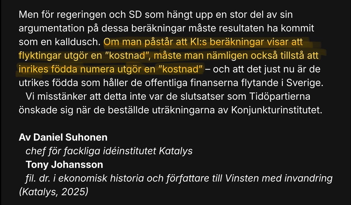 ”Intellektuelle” Suhonen har tänkt. Pekar ut ”inrikes födda” som en kostnad. Och den kategorin innefattar ju numera jappare, klivare, skjutare, bombare och annat patrask som ÄR en minuspost för samhället. Så ja…  delvis sant. Fast i Daniels värld är nog alla ”inrikes  födda”