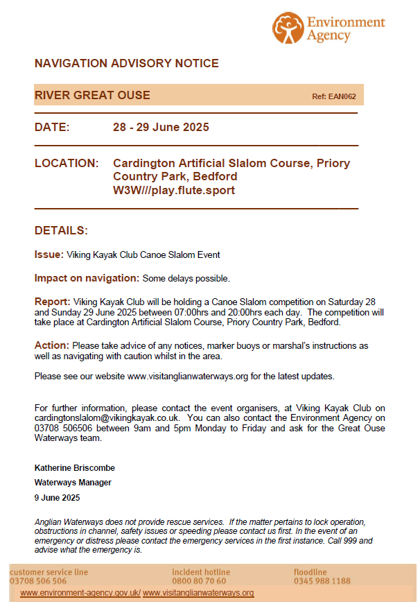 Please see our Navigation Advisory Notice for an event on the River Great Ouse.