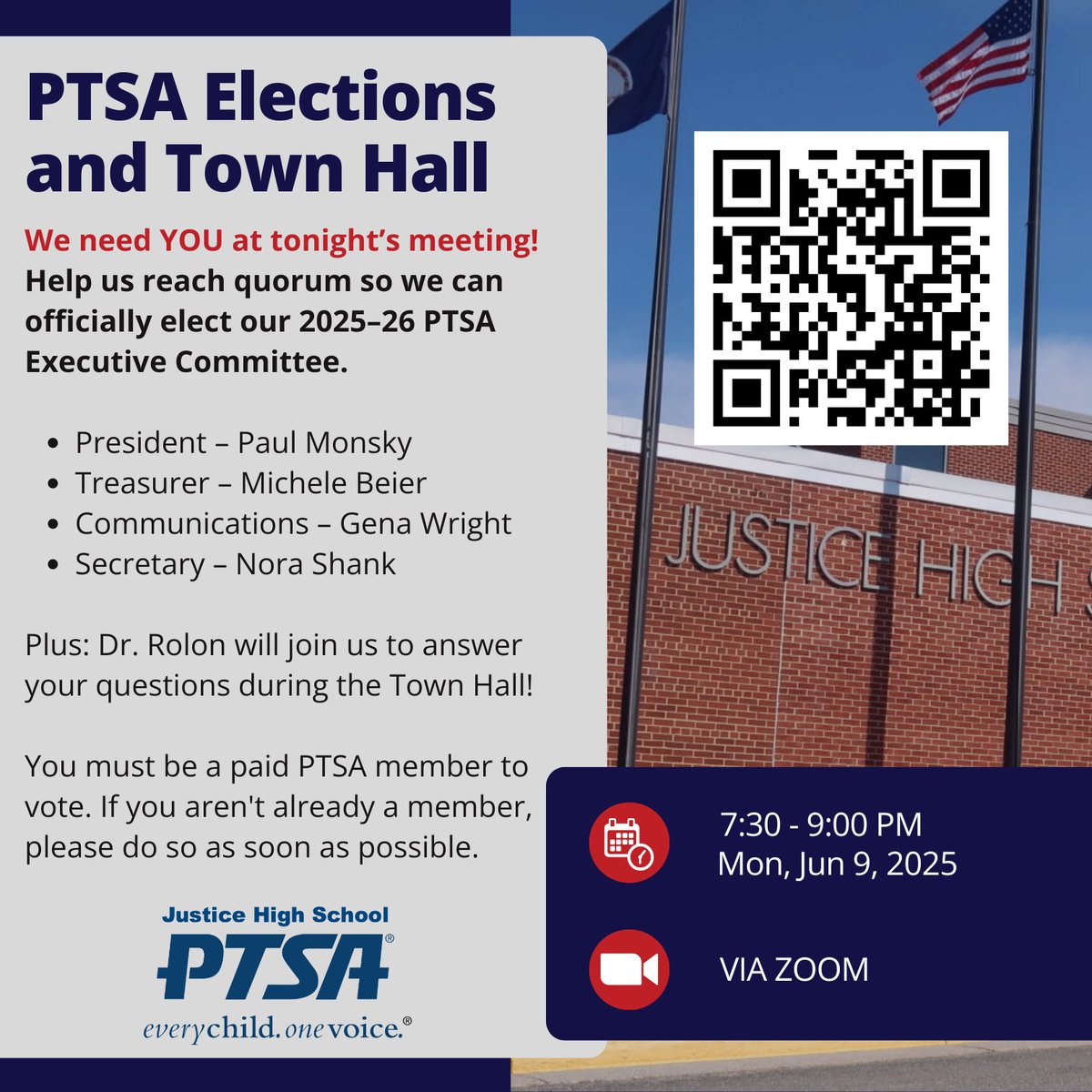 PTSA ELECTIONS &amp; TOWN HALL TONIGHT AT 7:30 PM

Elections be held during our online meeting.  We'll also be joined by Dr. Rolon .  ALL voters MUST BE PAID PTSA MEMBERS. If you aren't a member, please join here jhsptsa.org/join.

Zoom: us06web.zoom.us/j/89239179682