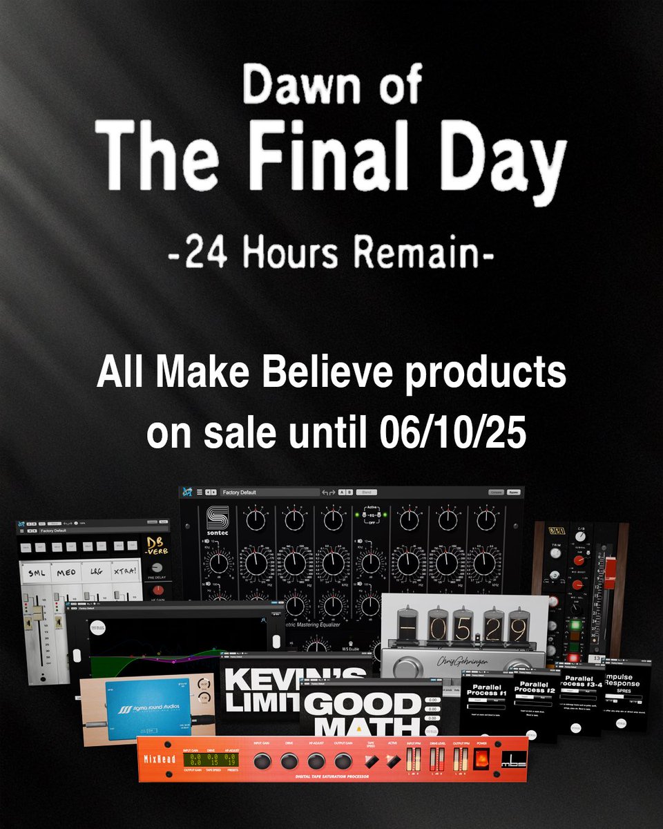 All good things must come to an end, and after tomorrow (Tuesday 6/10), the Make Believe Studios Plug-in introductory sale will be but a memory...

Less than 48 hours remain for you to take advantage of the special pricing available on all Make Believe Studios plug-ins.