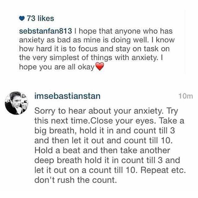 jadeeluvseb's tweet image. when sebastian told a fan how to deal with anxiety ☹️ take a deep breath hold it in and count till 3 and then let it out and count till 10 ☹️☹️