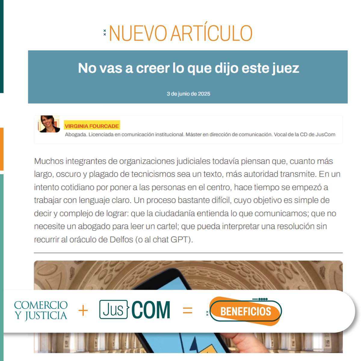 juscom_org's tweet photo. 👉🏼 hashtag#BeneficiosJusCom ¡Nuevo Artículo publicado en Comercio y Justicia! 

@vikifourcade habla sobre titulares: "No vas a creer lo que dijo este juez"
👉🏻 Leelo acá: https://t.co/z5dXyZfeFN

#comunicación #JusCom #comercioyjusticia https://t.co/0D3eqA8Kjh
