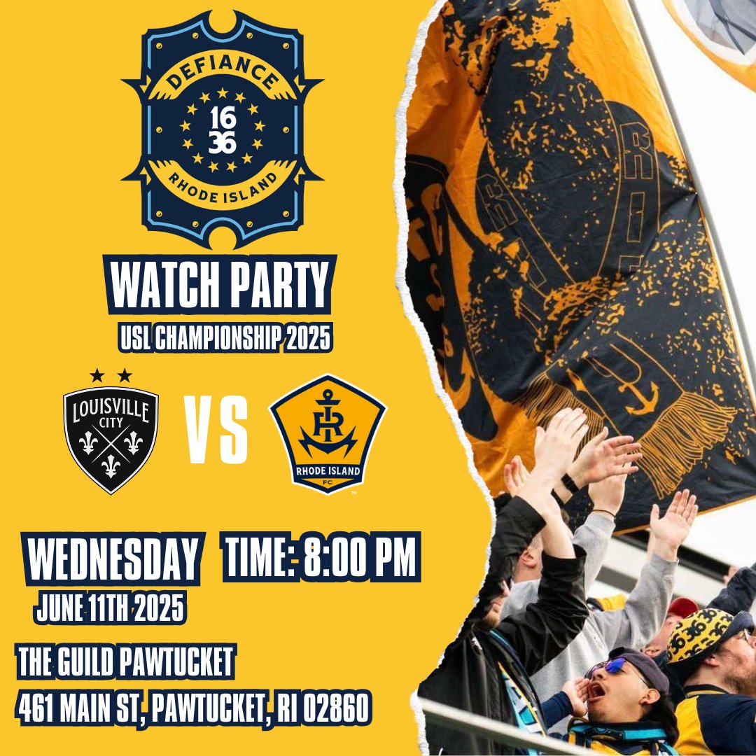 The fight continues! Join Defiance 1636 and the RIFC faithful as we come together to watch Rhode Island FC take on Louisville City in what’s sure to be a high-energy showdown!

🍺 Grab a pint
💥 Bring the noise

#ForeverFaithfulRI #RIFC