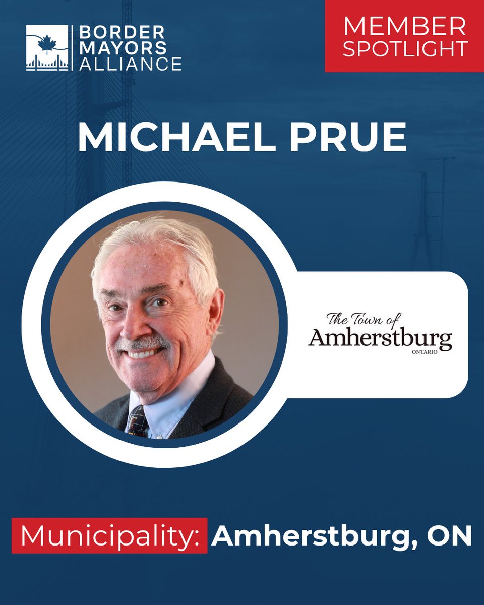 📢 Meet Michael Prue from Amherstburg, Ontario 🍁

Amherstburg is located just 25 km from Detroit, MI, which offers unique opportunities for the community. 

Mayor Prue is committed to supporting local livelihoods and maintaining a robust infrastructure.

#BorderMayorsAlliance
