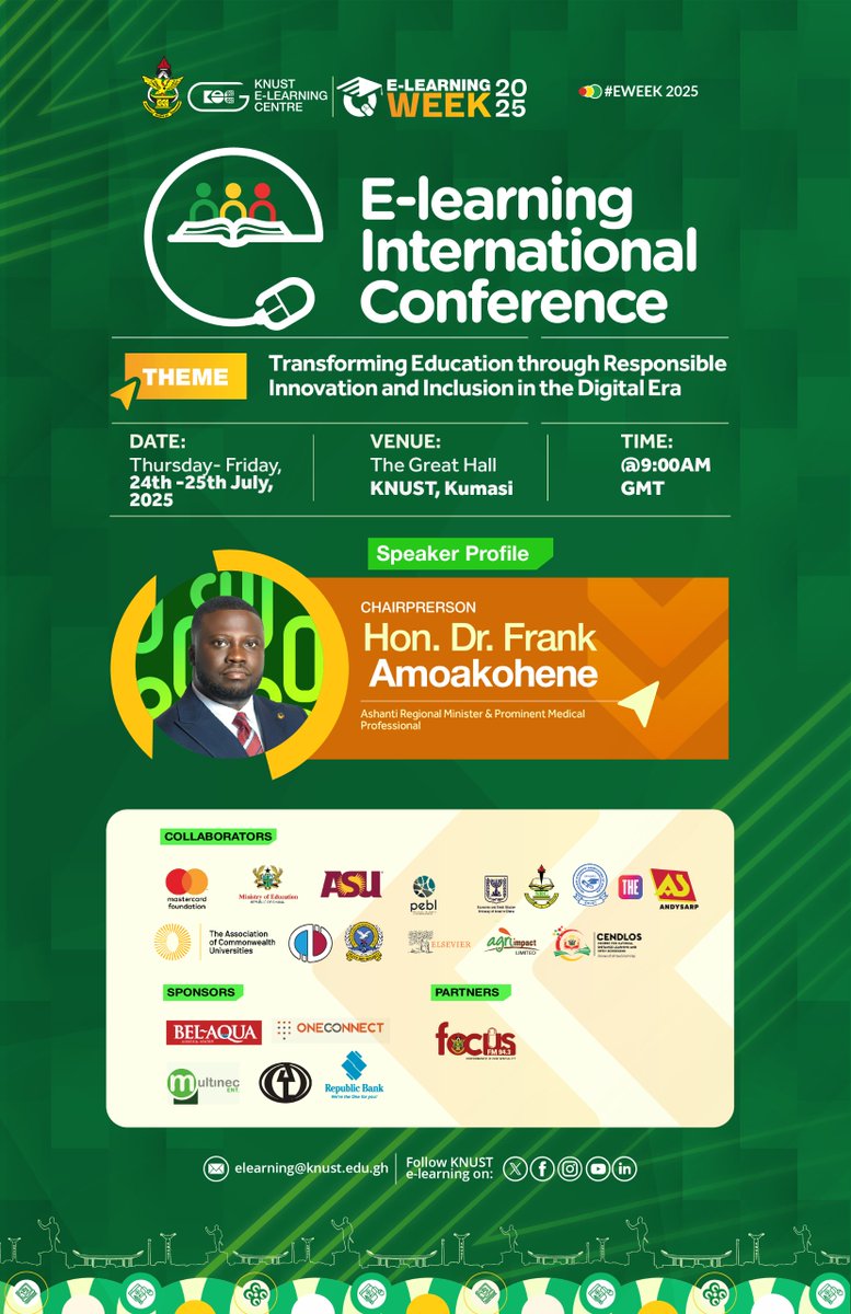 KNUST E-LEARNING CENTRE (@elearningknust) on Twitter photo ๐<a href="/DrAmoakohene/">Dr Frank Amoakohene</a>, Ashanti Regional Minister, will be with us this July.
Heโs young. He leads. He listens. And heโs joining a conversation driven by young people, for young people.
#ELIC2025 ๐<a href="/DrAmoakohene/">Dr Frank Amoakohene</a>, Ashanti Regional Minister, will be with us this July.
Heโs young. He leads. He listens. And heโs joining a conversation driven by young people, for young people.
#ELIC2025