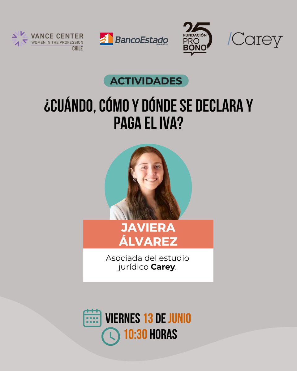 📢¡Nueva charla junto a CreceMujer de <a href="/BancoEstado/">BancoEstado</a> y WIP de <a href="/VanceCenter/">Vance Center for International Justice</a>!

📌Este viernes: "¿Cuándo, cómo y dónde se declara y paga el IVA"?, por la abogada Javiera Álvarez, de nuestro estudio miembro Carey.

📺Transmisión a través del Facebook de CreceMujer. ¡No te la pierdas!