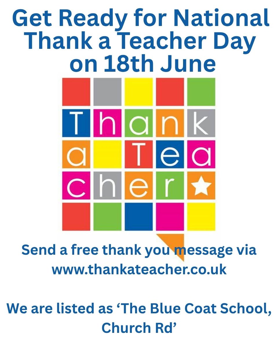 18th June is #ThankATeacheruk! 🎉

Let’s celebrate everyone in education — teachers, TAs, support staff, site teams &amp; leaders — who make our schools amazing. 💙

Send a free e-card at 👉 thankateacher.co.uk

We’ll be sharing the lovely messages received!