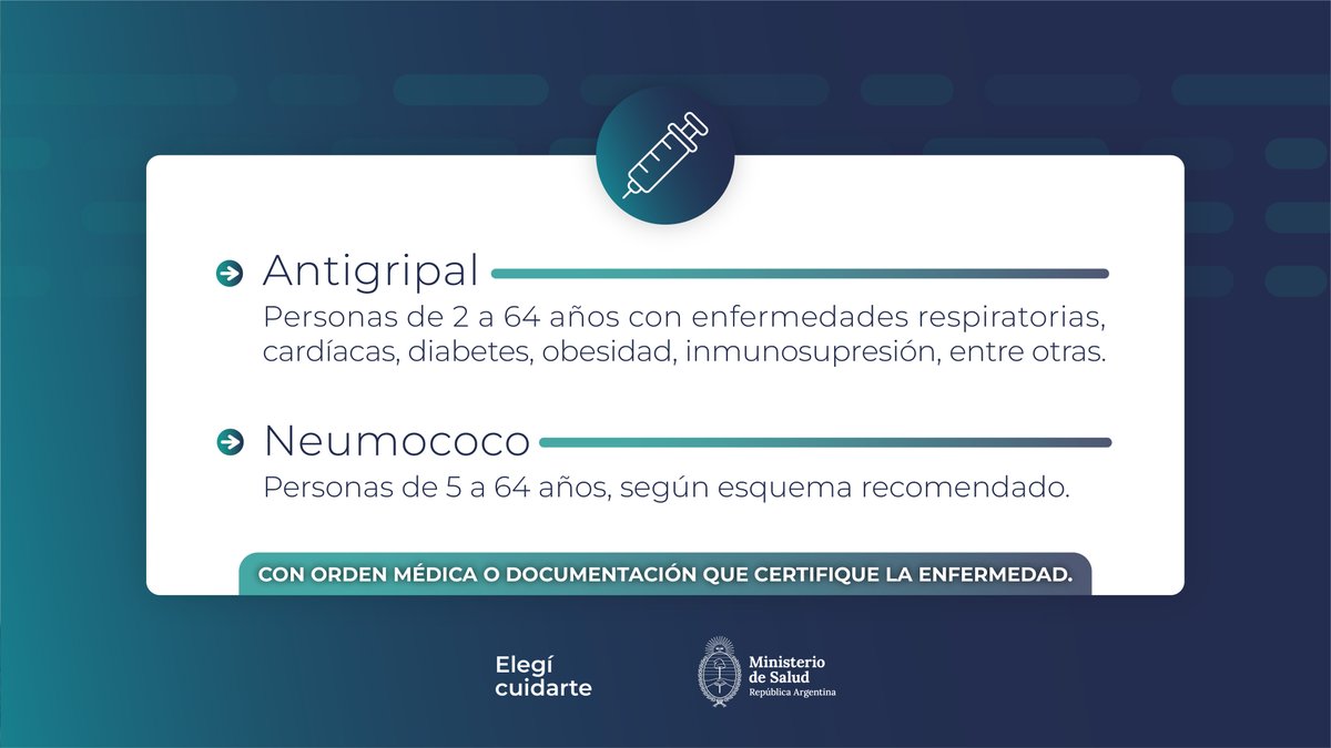 Si tenés alguna condición de salud que te pone en mayor riesgo, la vacuna antigripal te ayuda a prevenir complicaciones.

Consultá con tu equipo de salud y mantenete protegido este invierno.

Elegí vacunarte 💙