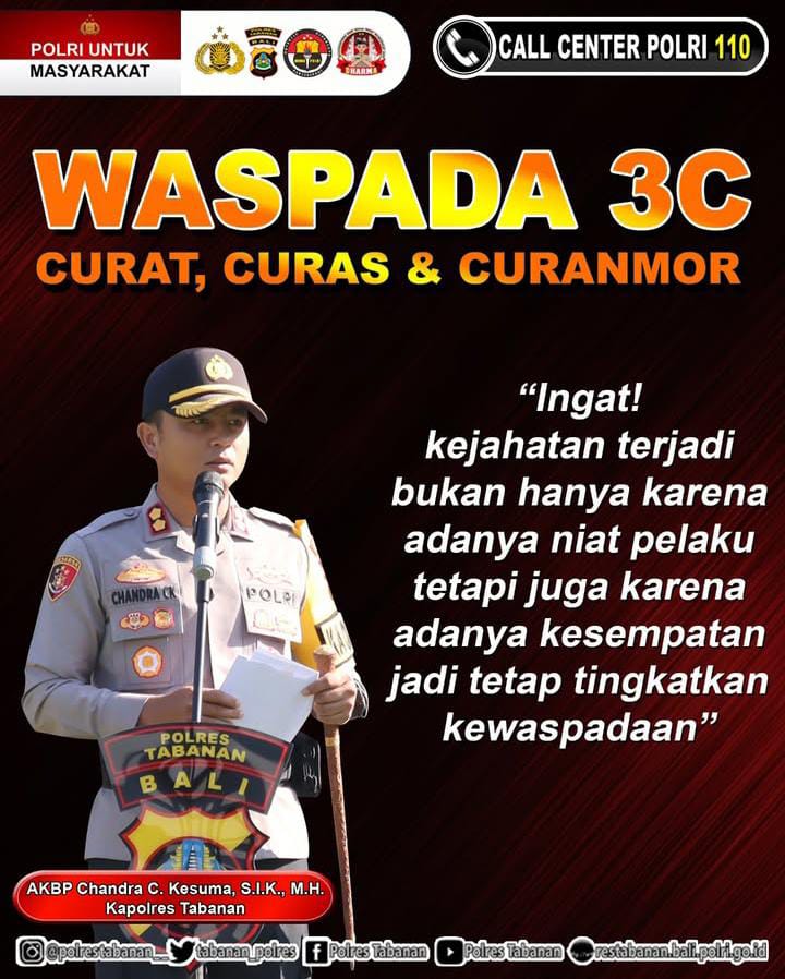 Polrestabanan1's tweet photo. ‼️ Waspada 3C ‼️
Curat • Curas • Curanmor
📞 Lapor 110 kalau lihat kejahatan!
#Ingat3C #Lapor110 #AwasKejahatan https://t.co/udw4absC7s