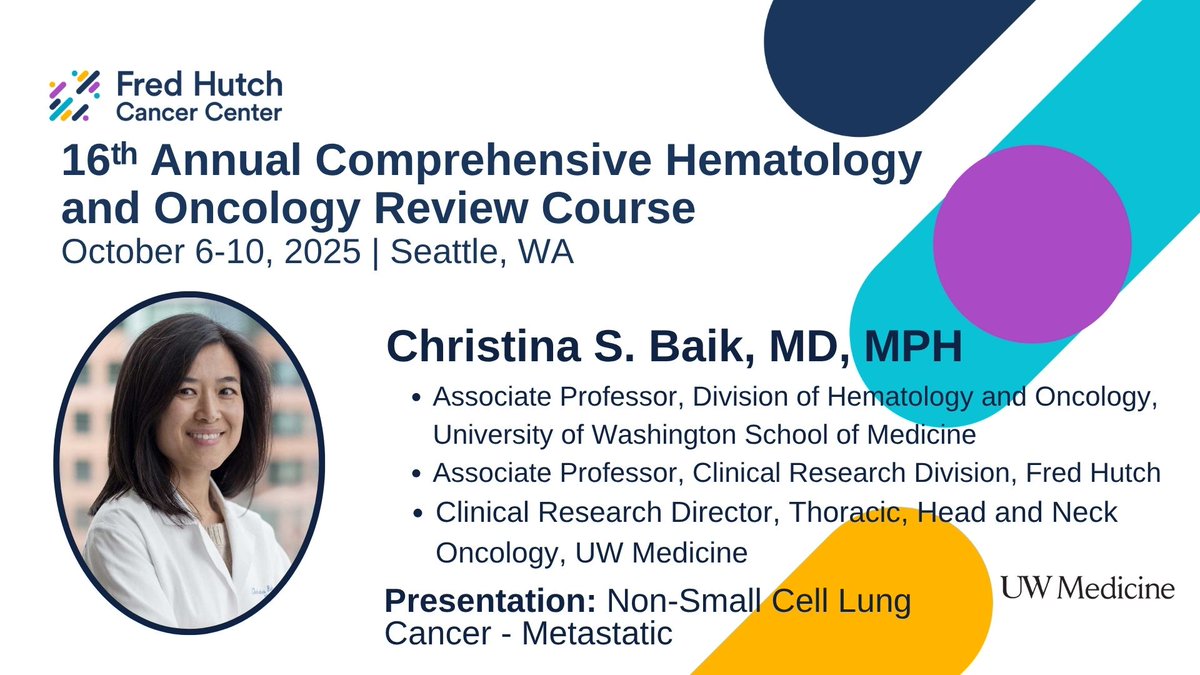 🔦 Faculty Spotlight: Dr. Christina Baik, MD, MPH, 
a leader in thoracic oncology, will present on metastatic non-small cell lung cancer at our Hematology &amp; Oncology Review Course.
 📍Seattle | 🗓️ Oct 6–10 
uw.cloud-cme.com/MJ2601
<a href="/UWMedicine/">UW Medicine</a> <a href="/fredhutch/">Fred Hutch Cancer Center</a> <a href="/RyanCassaday/">Ryan Cassaday</a> <a href="/MollyTokaz/">Molly Tokaz</a>