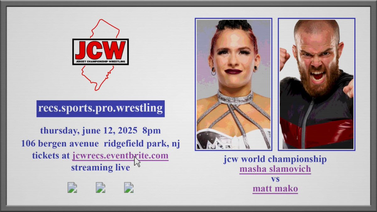 Matt Mako (@themattmako) on Twitter photo This Thursday in Ridgefield Park, NJ
For the <a href="/JerseyCW/">Jersey Championship Wrestling</a> World Championship. This Thursday in Ridgefield Park, NJ
For the <a href="/JerseyCW/">Jersey Championship Wrestling</a> World Championship.