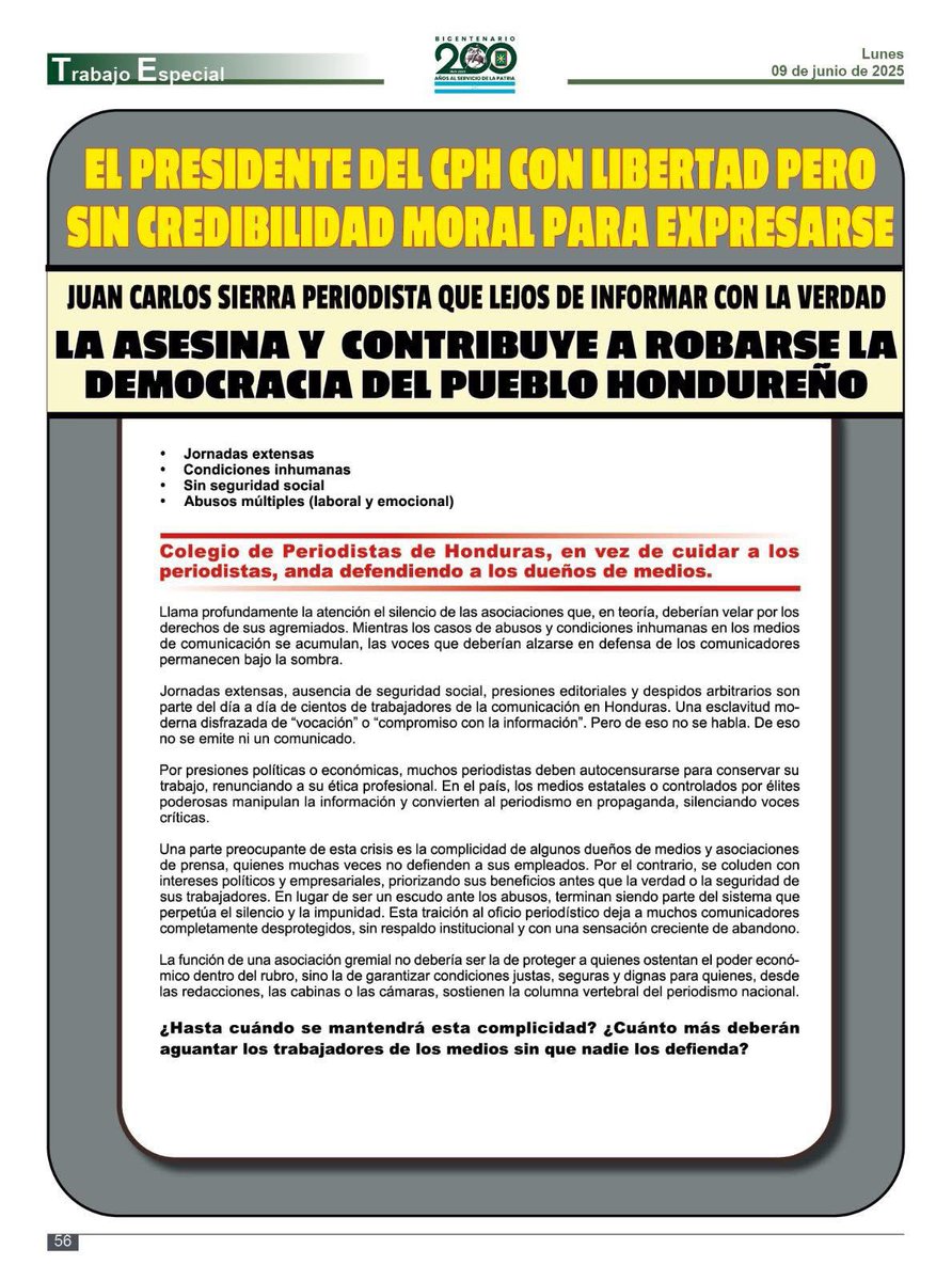GRAVE Y REPUDIABLE ARREMETIDA DE LAS FFAA CONTRA EL CPH. 
Las Fuerzas Armadas intensifican su campaña de odio y criminalización contra el CPH: una amenaza directa a la democracia y a la libertad de expresión. Dedica cuatro páginas contra el presidente del CPH Juan Carlos Sierra.