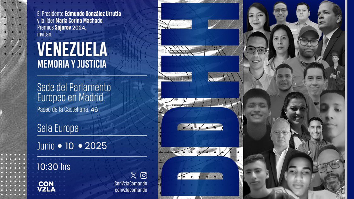 ¡Mañana! 

VENEZUELA: MEMORIA Y JUSTICIA.

Desde la sede del Parlamento Europeo, participará el Presidente de Venezuela, <a href="/EdmundoGU/">Edmundo González</a> y la líder de Venezuela, <a href="/MariaCorinaYA/">María Corina Machado</a>. 

Este martes 10 de junio.
5:00 am (🇻🇪) | 11:00 am (🇪🇸).

📲 Link transmisión: youtube.com/live/l_xdqTfhF…