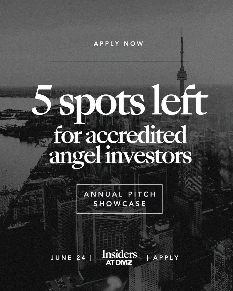 DMZ (@dmzhq) on Twitter photo We're looking for five more angel investors to join us during <a href="/TOtechweek/">Toronto Tech Week</a>
Apply now: dmz.to/Insiders_TTW We're looking for five more angel investors to join us during <a href="/TOtechweek/">Toronto Tech Week</a>
Apply now: dmz.to/Insiders_TTW