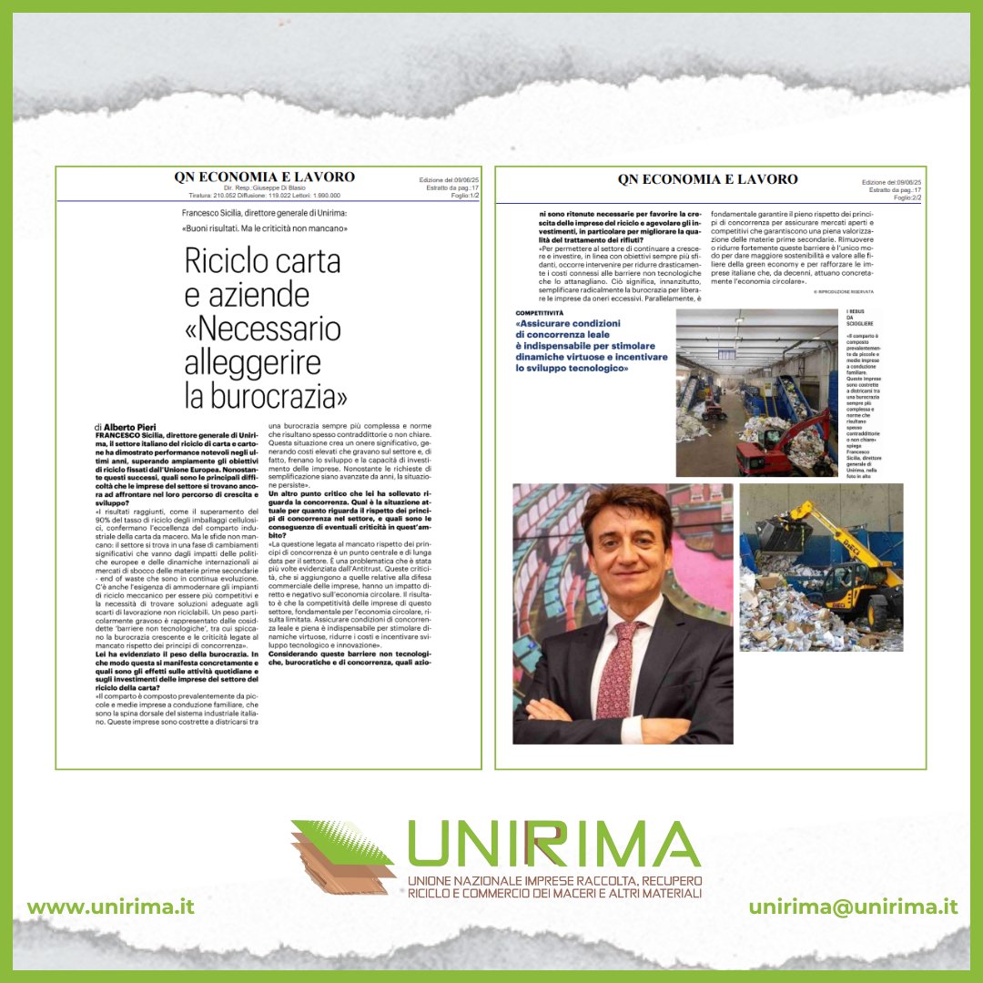 ♻Oggi su QN Quotidiano Nazionale l’intervista al Direttore Generale di UNIRIMA, ing.  Francesco Sicilia.

👉Per scaricare l’articolo si rimanda al seguente link: unirima.it/2025/06/09/int…

#unirima #imprese #burocrazia #concorrenza #riciclo #cartadamacero