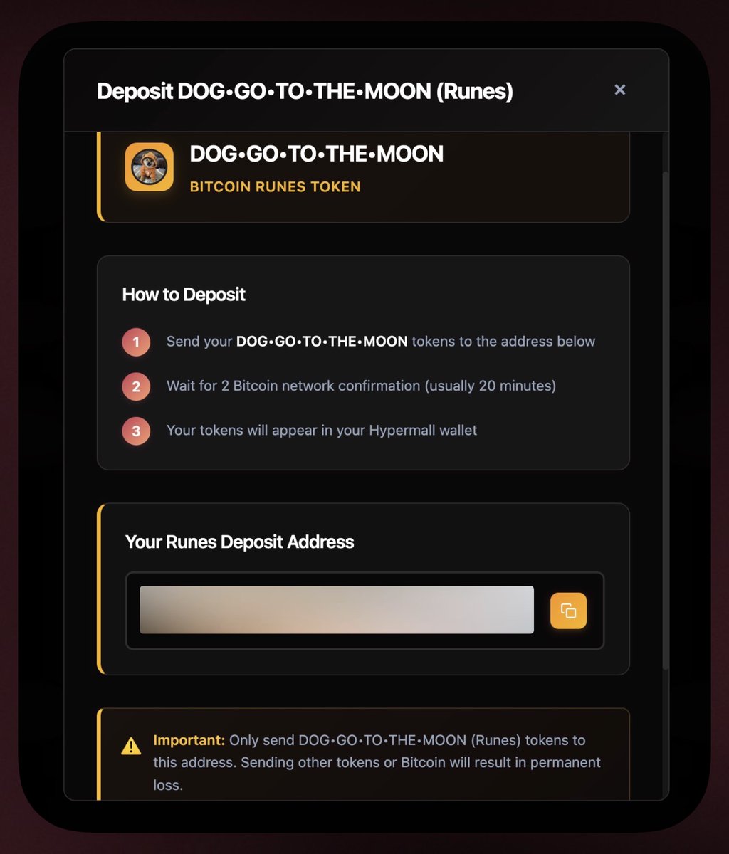 Deposit $DOG into HyperMall.io directly from your favourite Bitcoin wallet.

Simply select '𝐃𝐞𝐩𝐨𝐬𝐢𝐭' within your Hypermall wallet to get started, and then experience instant, gas-free trades (&amp; $DOG Staking!) ⚡️