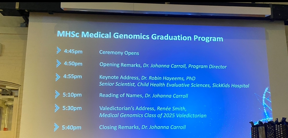 RobinHayeems's tweet image. 🎉 Big #congrats to GENOMETRICS practicum student Erin on graduating with her MSc in Medical Genomics from @UofTMedGen! Our very own Dr. Hayeems had the honour of delivering the graduation address! Erin, we’re so proud and are delighted you will be joining GENOMETRICS as an RA!