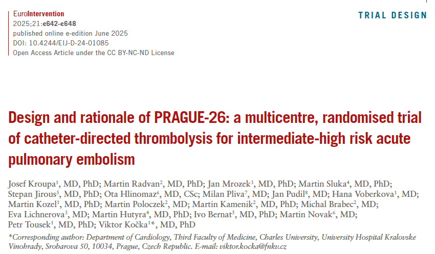 PRAGUE-26, a prospective, academic RCT comparing outcomes of catheter-directed thrombolysis vs. anticoagulation in intermediate-high risk PE.
Designed to assess efficacy, safety, and cost-effectiveness over 2 years.
 #PulmonaryEmbolism #EAPCI
ow.ly/g2ZN50W6gYY