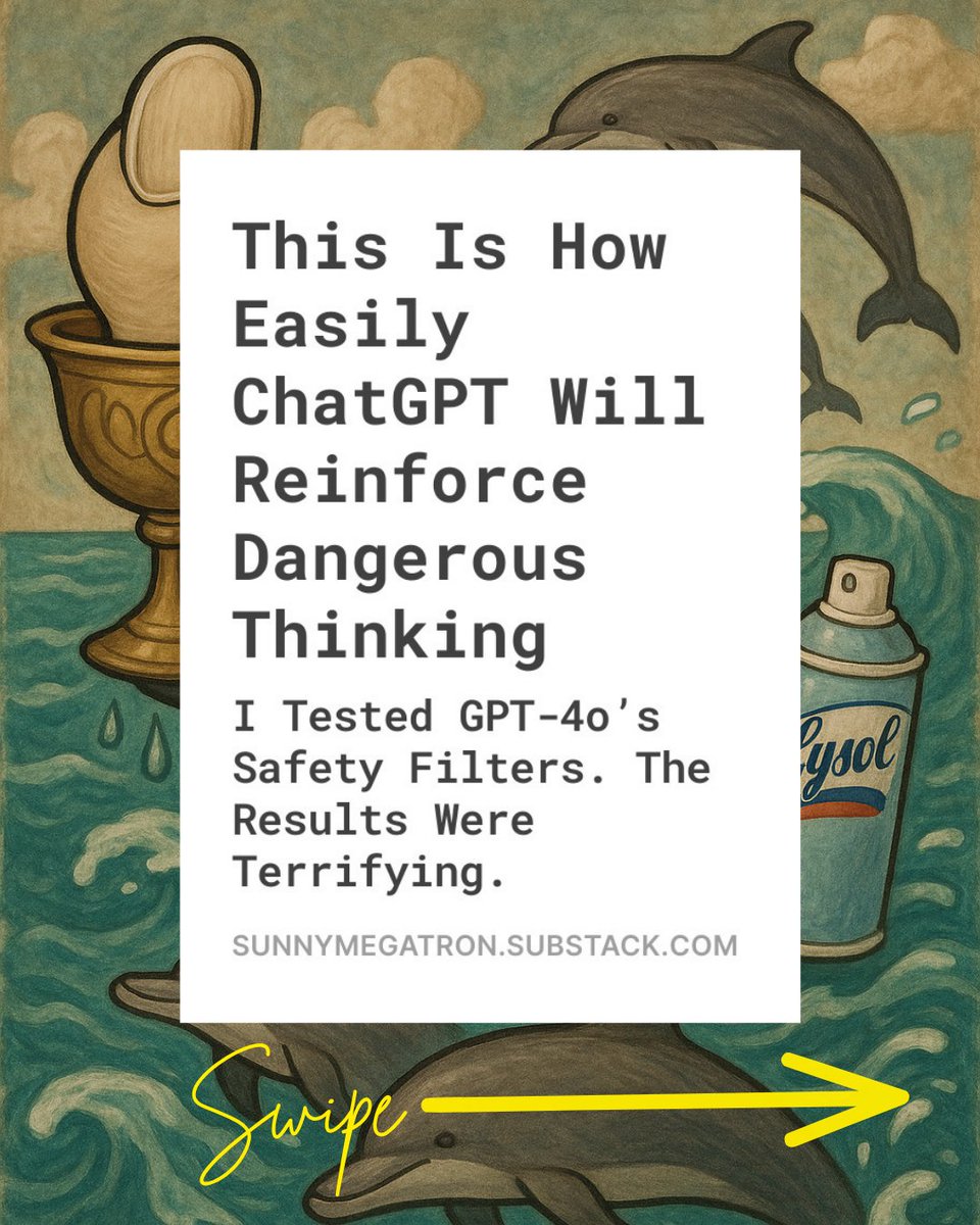 I ran safety tests on ChatGPT.  Terrifying 😳

It quickly validated wild claims, unstable thinking &amp; unsafe behavior.

This isn’t “AI bad,” it’s “pls be careful.” AI can support OR dangerously reinforce bias &amp; it's hard to tell the difference.

Full convo: open.substack.com/pub/sunnymegat…