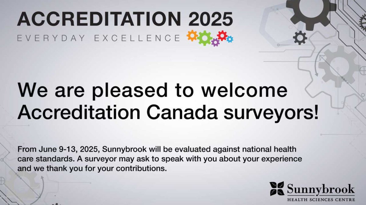 Sunnybrook's tweet image. From June 9-13, Accreditation Canada surveyors will be on-site at Sunnybrook to assess how we meet national health-care standards.
You may be asked to share your experience—participation is optional, but your feedback is valuable!
#TeamSunnybrook