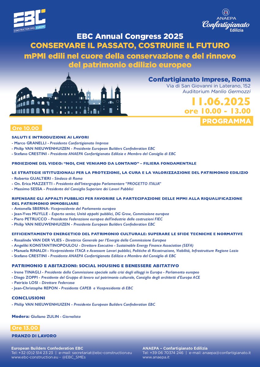 📢Congresso Annuale <a href="/EBC_SMEs/">EBC</a> 

🏘️" Conservare il passato, Costruire il futuro
Piccole e Medie Imprese edili nel cuore della conservazione e rinnovo del patrimonio edilizio europeo"

🗓️11 giugno 2025 ore 10:00-13:00 - Confartigianato Imprese, via di S. Giovanni in Laterano, 152