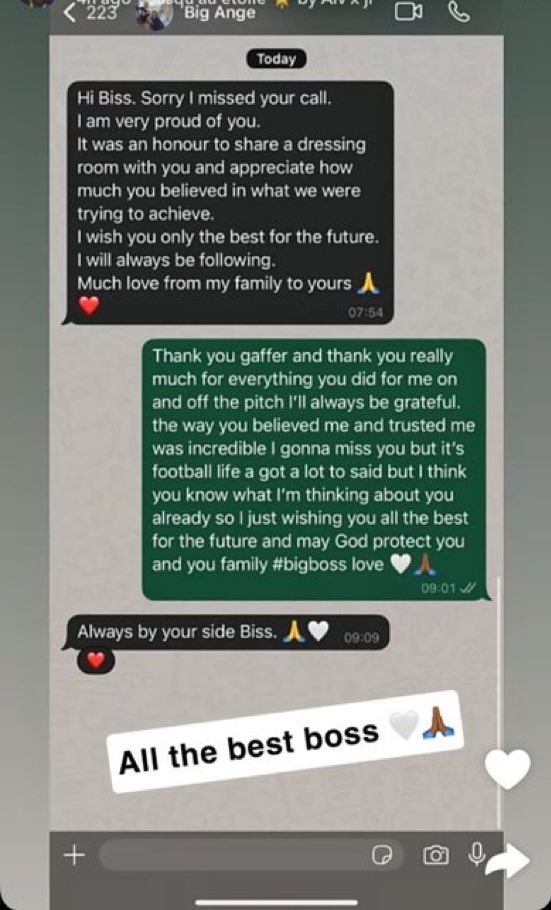 Yves Bissouma shared this exchange with Ange Postecoglou on his Snapchat 🥹🤍