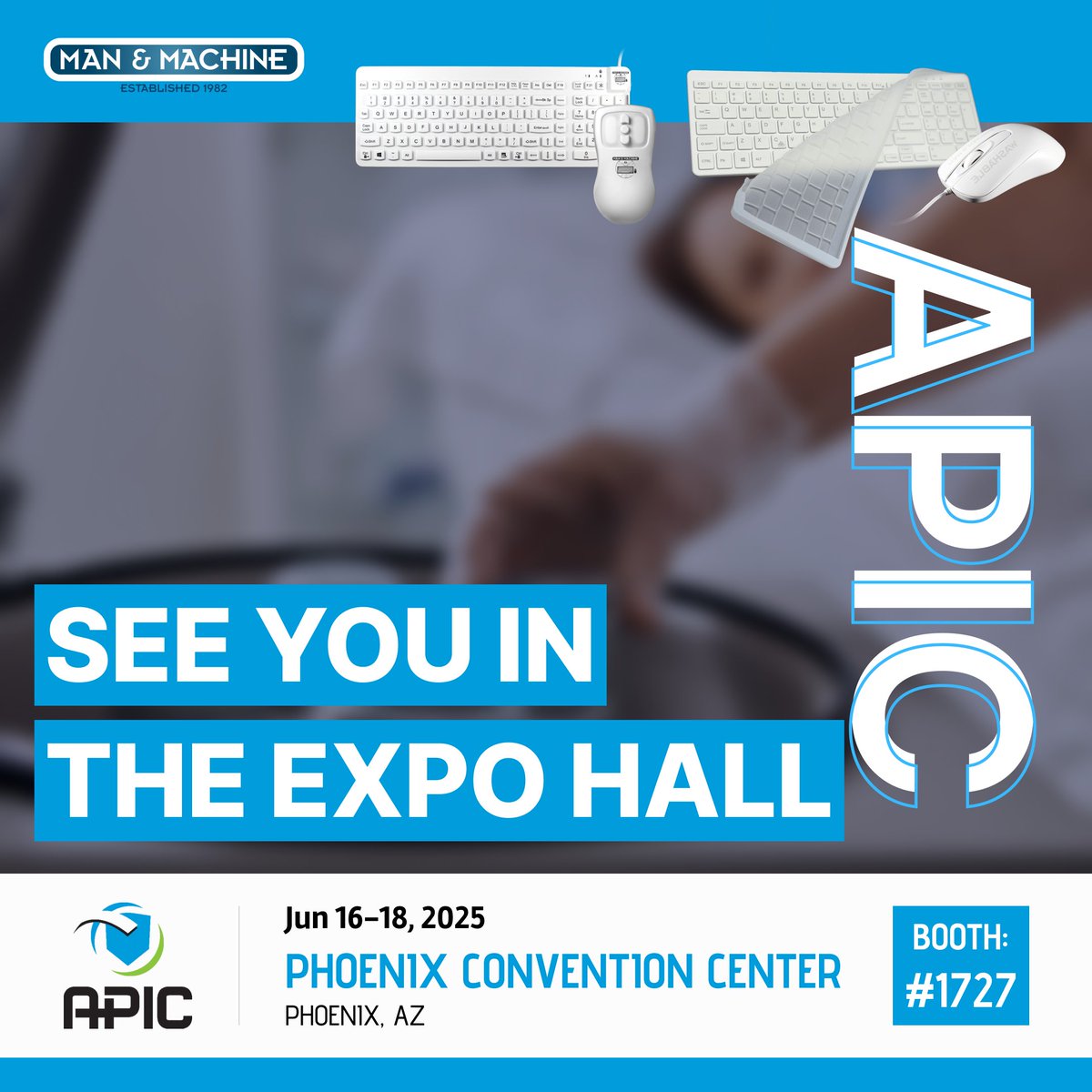 ManAndMachineCo's tweet image. We’ll see you soon at APIC25! Stop by Man &amp;amp; Machine at booth 1727 to explore our infection control solutions. #APIC25 #manandmachine #washablekeyboards #keyboardbarriers #waterproofkeyboards