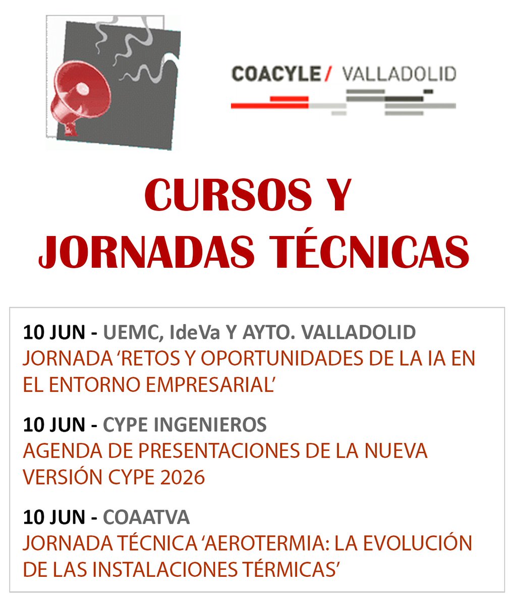 #SeguimosAprendiendo

Esta semana viene cargada de propuestas de formación para #arquitectos que seguro que os interesan.

Detalles en los siguientes enlaces:
🔸 f.mtr.cool/ecmhgdvqeq
🔸 f.mtr.cool/trlekssoxd

<a href="/coacyle/">COACYLE</a> <a href="/adipa_cyl/">ADIPA_CyL</a> <a href="/ArqVA/">ArquitecturaVA</a>
