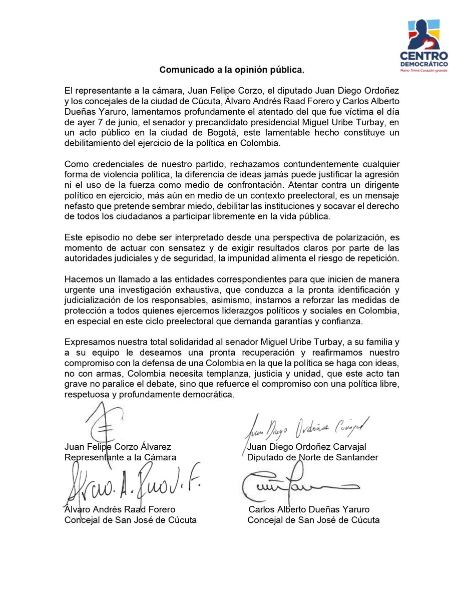 🚨 Rechazamos todo acto de violencia contra quienes ejercen liderazgo político. Expresamos nuestra solidaridad con el senador <a href="/MiguelUribeT/">Miguel Uribe</a> y su familia. 

La política debe ser un espacio libre, democrático y respetuoso.

 #NoALaViolencia #ColombiaDemocrática 🇨🇴