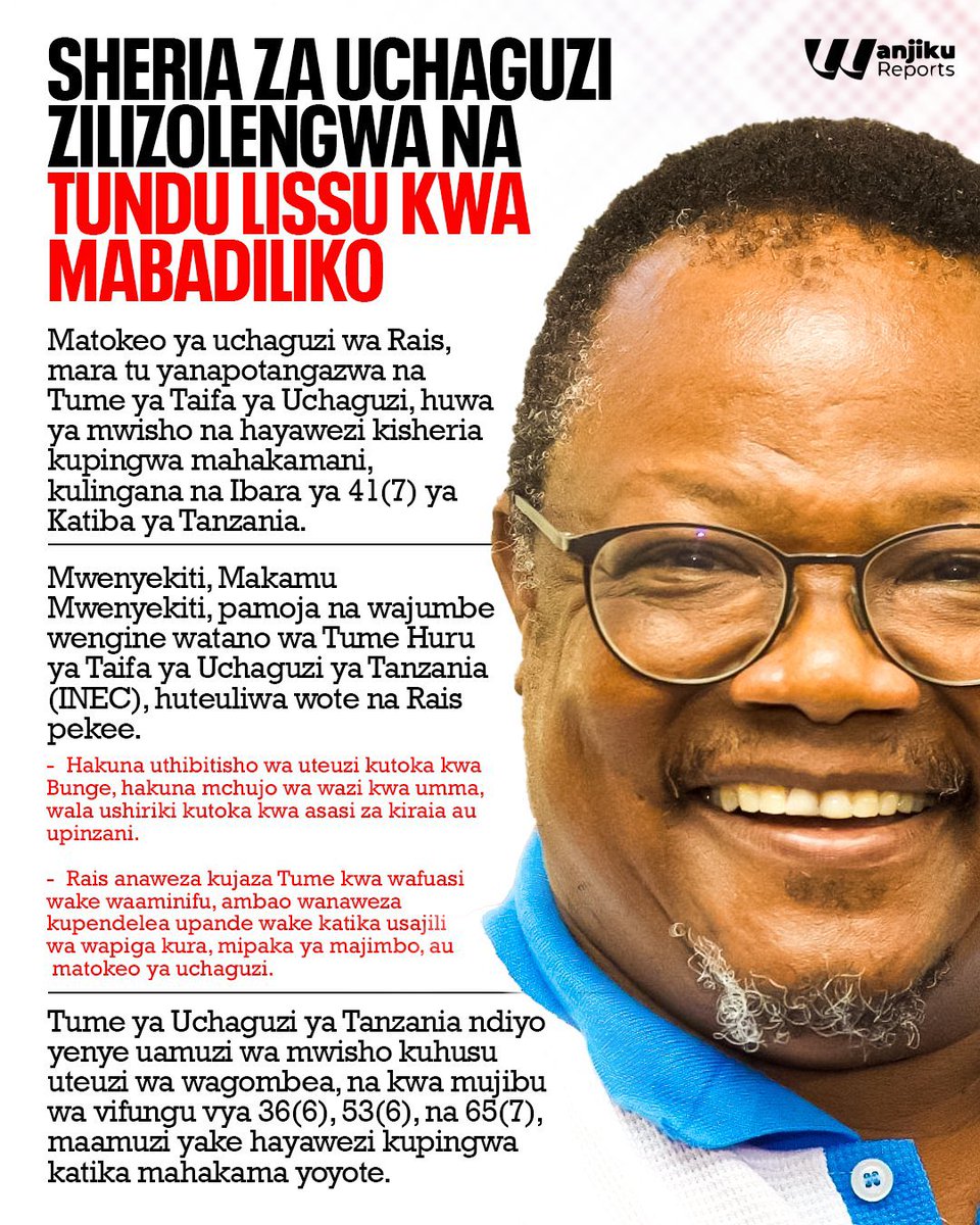 Tunaposema #NoReformsNoElection ni mabadiliko gani yanayohitajika?
Haya yanahitaji kubadilishwa:
👉🏽 Matokeo ya uchaguzi wa Rais, mara tu yanapotangazwa na Tume ya Taifa ya Uchaguzi, huwa ya mwisho na hayawezi kisheria kupingwa mahakamani, kulingana na Ibara ya 41(7) ya Katiba ya