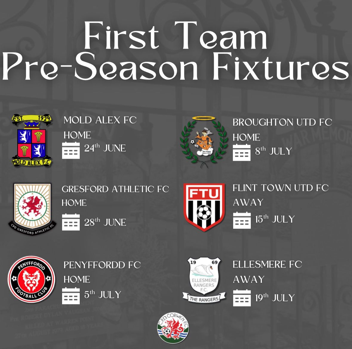 Corwen FC (@corwenfc) on Twitter photo Our 1st Team pre-season schedule will see us face <a href="/moldalexfc1929/">Mold Alex FC</a>, <a href="/GresfordFC/">Gresford Athletic FC</a>, <a href="/penyfforddfc/">Penyffordd Football Club</a>, <a href="/BroughtonUtd/">Broughton United Football Club🟠⚽️</a>, <a href="/FlintTownFC/">Flint Town United FC ⚫️⚪️</a> & <a href="/EllesRangers_FC/">Ellesmere Rangers FC</a>.
Dates and kick-off times below. Our 1st Team pre-season schedule will see us face <a href="/moldalexfc1929/">Mold Alex FC</a>, <a href="/GresfordFC/">Gresford Athletic FC</a>, <a href="/penyfforddfc/">Penyffordd Football Club</a>, <a href="/BroughtonUtd/">Broughton United Football Club🟠⚽️</a>, <a href="/FlintTownFC/">Flint Town United FC ⚫️⚪️</a> & <a href="/EllesRangers_FC/">Ellesmere Rangers FC</a>.
Dates and kick-off times below.