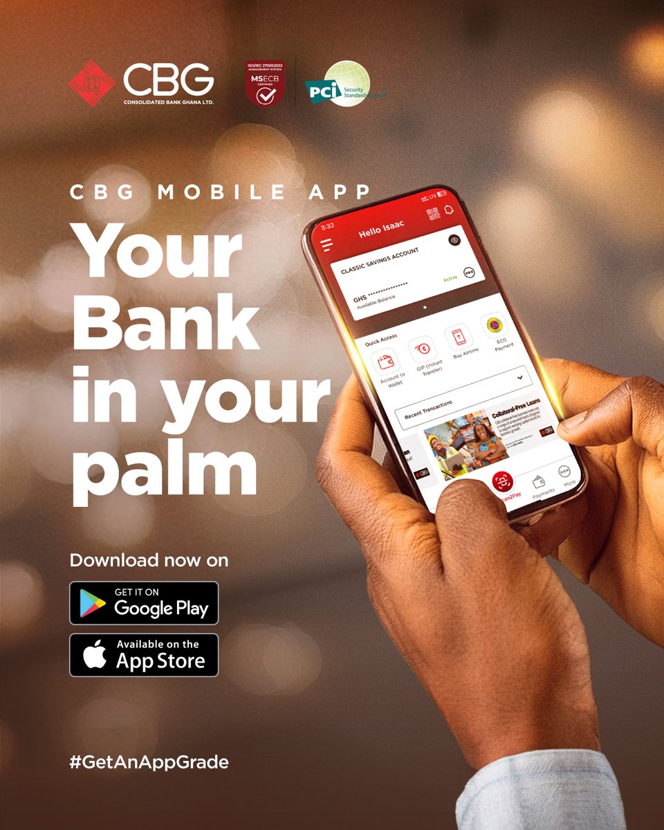 CBGBankLtd's tweet photo. Your Bank in your palm.
Experience seamless banking with the new CBG mobile app! Bank on the go wherever you are, whenever you want!
Download the CBG Mobile App on Google Playstore or App Store today for a smoother, smarter, and more secure experience.
#GetAnAppGrade
#CBGWeStandwithYou