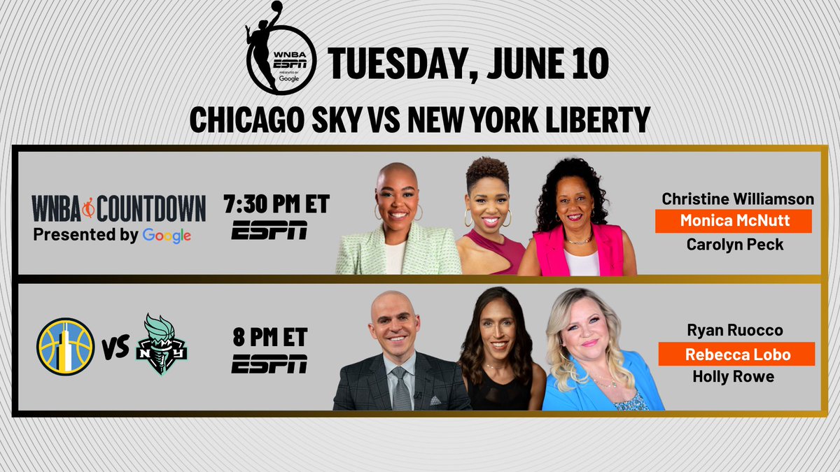 ESPN PR (@espnpr) on Twitter photo Tuesday, ESPN continues its coverage of the '25 #WNBA season as the undefeated <a href="/nyliberty/">New York Liberty</a> host the <a href="/chicagosky/">Chicago Sky</a>
🏀 8p ET | ESPN
🎙️<a href="/RyanRuocco/">Ryan Ruocco</a>, <a href="/RebeccaLobo/">Rebecca Lobo</a>, <a href="/sportsiren/">Holly Rowe</a> Tuesday, ESPN continues its coverage of the '25 #WNBA season as the undefeated <a href="/nyliberty/">New York Liberty</a> host the <a href="/chicagosky/">Chicago Sky</a>
🏀 8p ET | ESPN
🎙️<a href="/RyanRuocco/">Ryan Ruocco</a>, <a href="/RebeccaLobo/">Rebecca Lobo</a>, <a href="/sportsiren/">Holly Rowe</a>