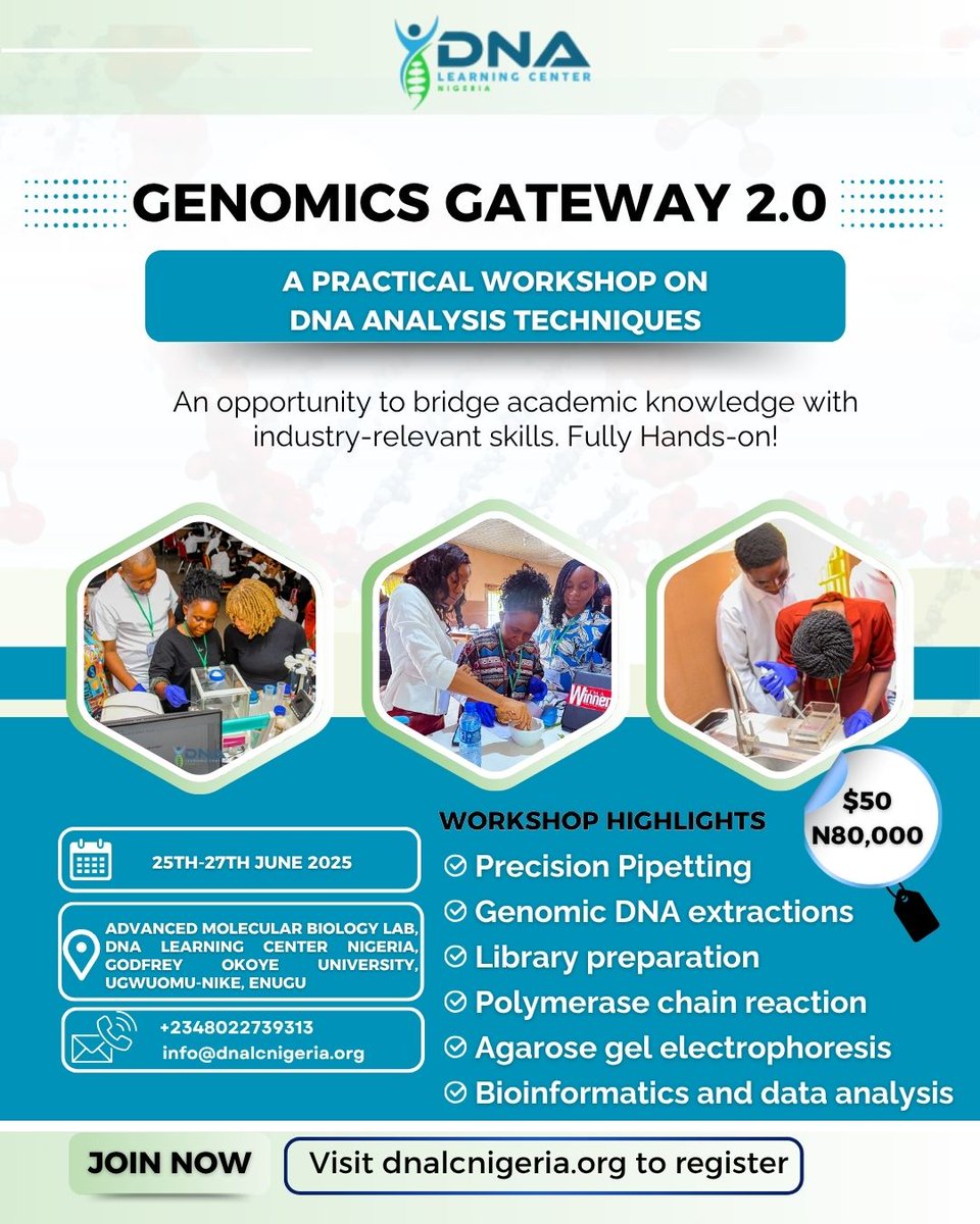 DNALCNigeria's tweet image. Genomic Gateway 2.0 Reminder

 Don’t miss out! The countdown is on for Genomic Gateway 2.0– your access point into the world of genomics and bioinformatics.

Have you secured your spot yet? 

Register now: shorturl.at/xlduQ
#GenomicGateway #ScienceStartsHere #DNALearning
