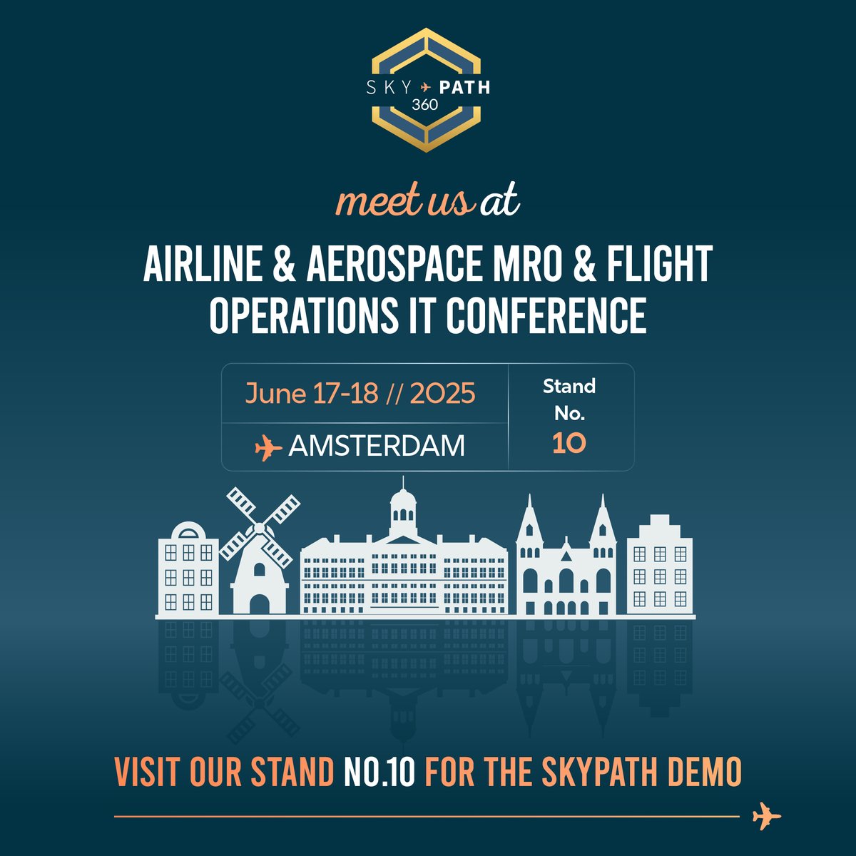 SkyPath_io's tweet image. Heading to the Airline &amp;amp; Aerospace MRO &amp;amp; Flight Operations IT Conference ✈️ 
We’re proud to present #SkyPath 360, our next-generation turbulence mitigation platform. 

Come meet our team in #Amsterdam and discover how smarter and safer connected flight operations are shaping the