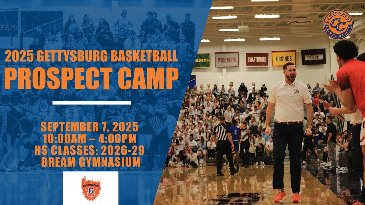 ‼️𝐏𝐑𝐎𝐒𝐏𝐄𝐂𝐓 𝐂𝐀𝐌𝐏‼️

🔹 September 7th, 2025
🔸 10am - 4pm
🔹 Competitive Environment in top athletic facility ✔️ 
🔸 Individual attention from coaching staff ✔️
🔹 Immerse yourself as a Gettysburg Men’s Basketball player for the day ✔️

Click the link below to register